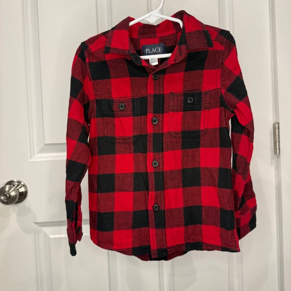 The Children's Place Boys Buffalo Plaid Flannel Button Down‎ Shirt Size 4 XS